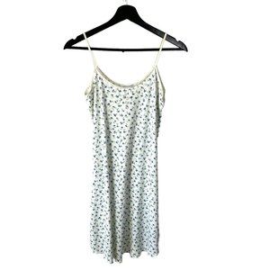 Vintage 90s White Blue Micro Floral Spaghetti Strap Knee Length Dress Medium